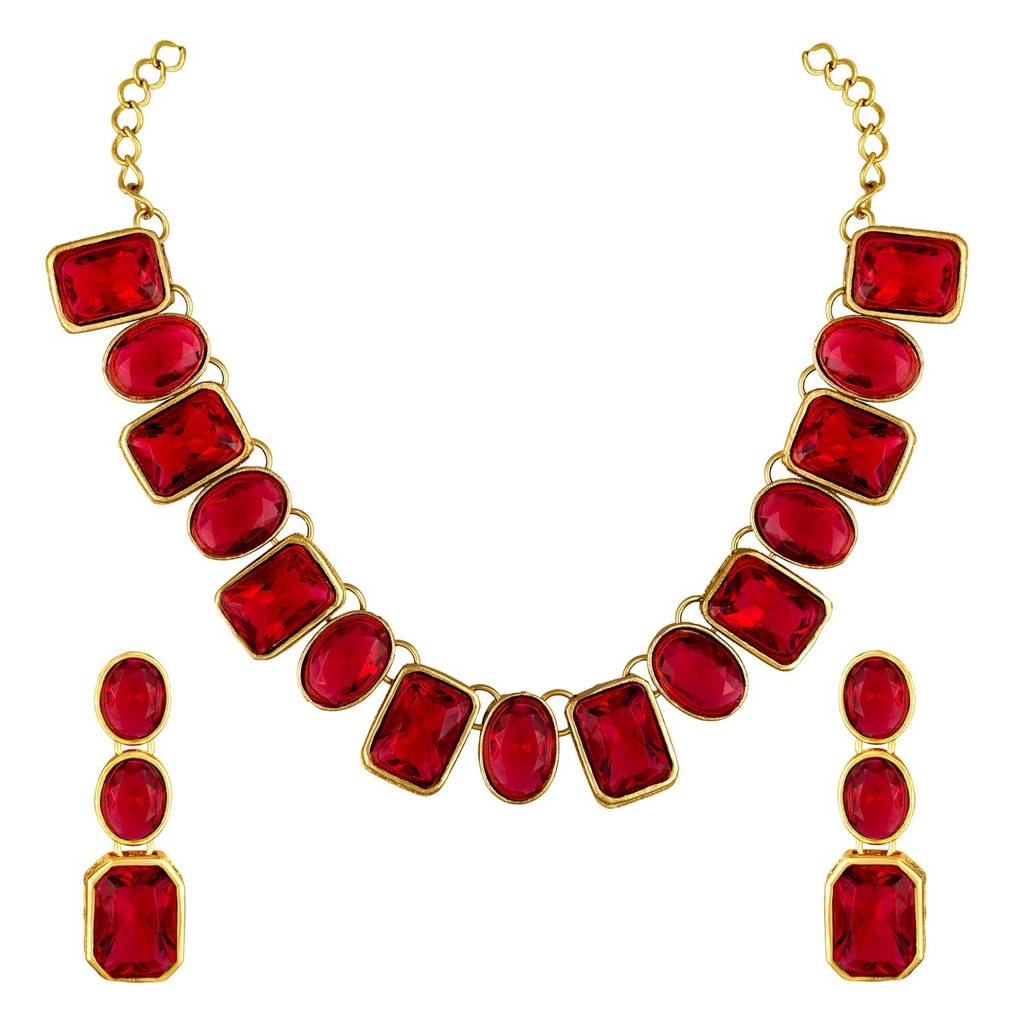 Peora Gold Plated Wedding Square Maroon Crystal Necklace With Drop Earrings Indian Traditional Ethnic Jewellery  : PF24N10098M