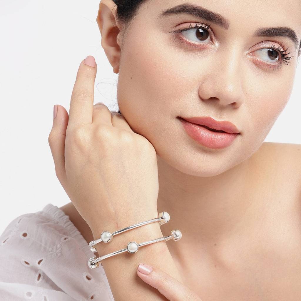 Pearl Rhodium Plated 925 Sterling Silver Bangle : BA-90004-PAIR-2-6