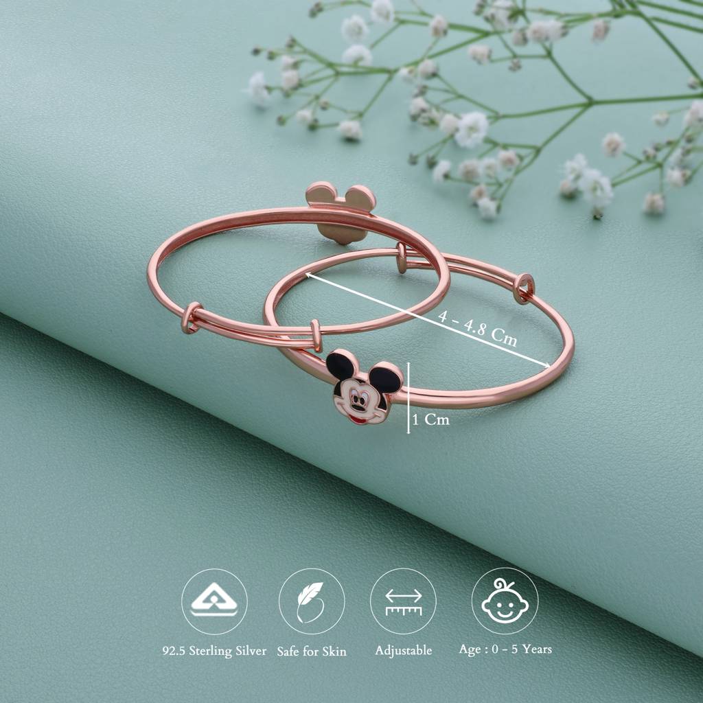 Twinkling Micky 18K Rose Gold Polish Silver Kid Bangle(0 - 5Yr) : KB-4