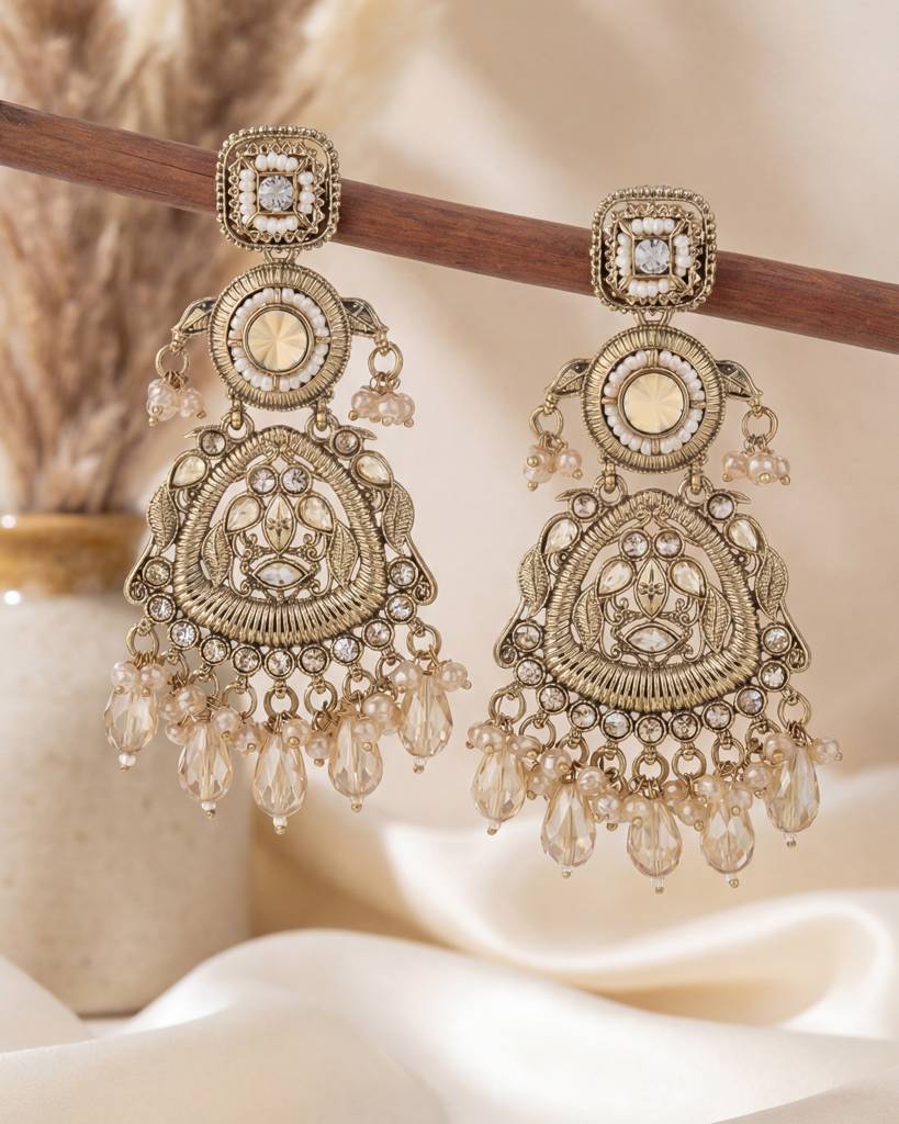 Gold Plated Antique Champagne Gold Stone Long Earrings For - Women : RJ100