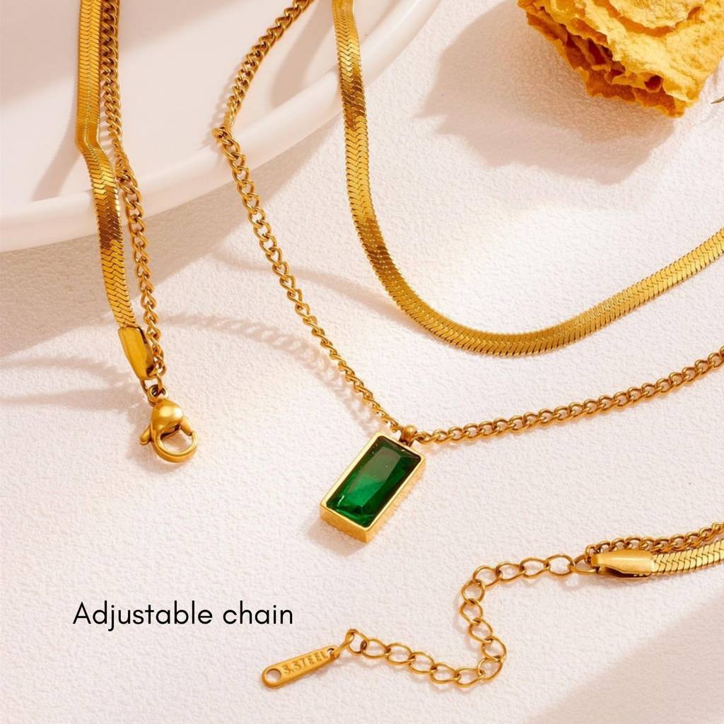 Dual Chain Emerald Necklace : NC_SS_GrnZircon_gld