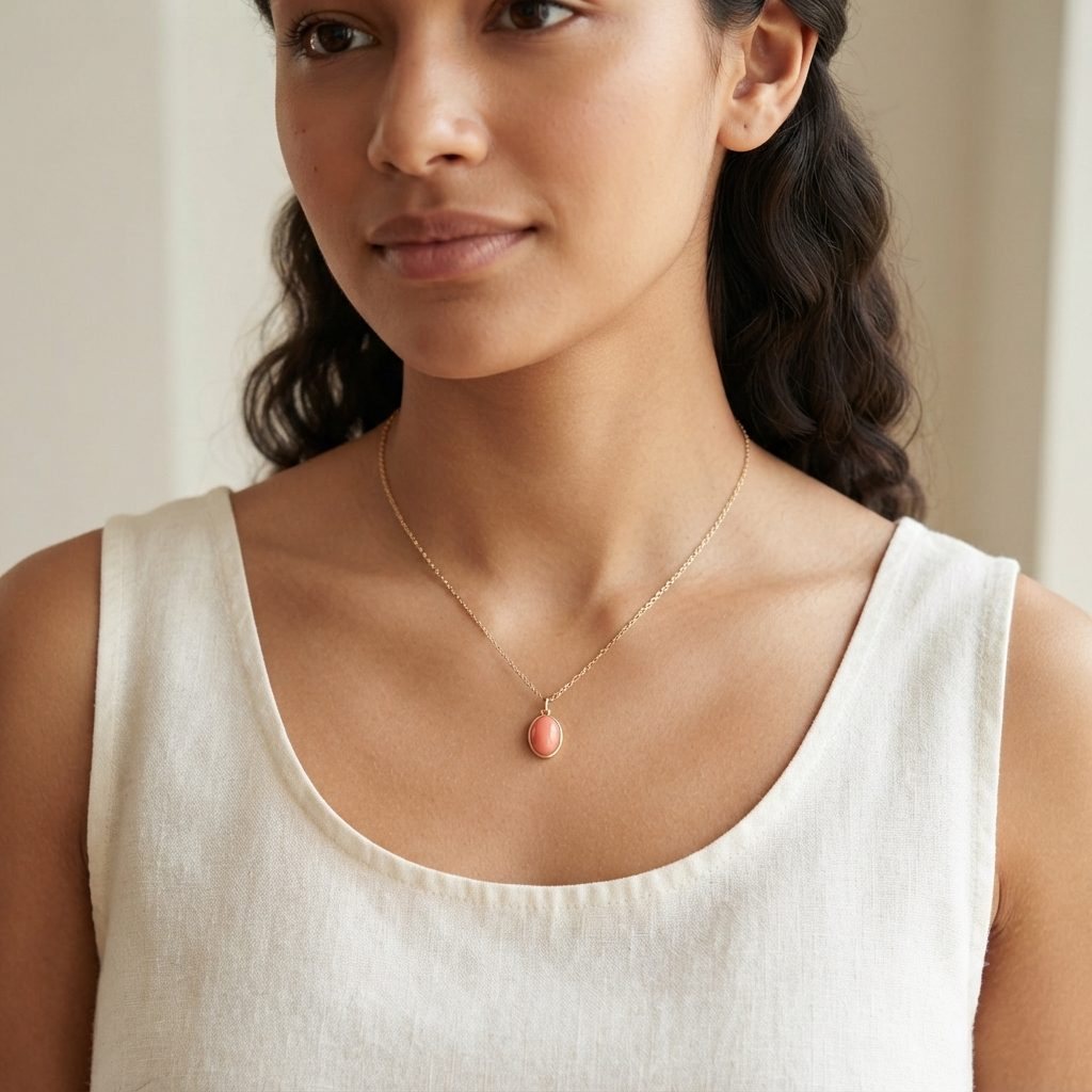 Peach Oval Gemstone Pendant Necklace For Women | Gold Minimalist Charm Necklace | Dainty Everyday Necklace : AST-NEK-0092