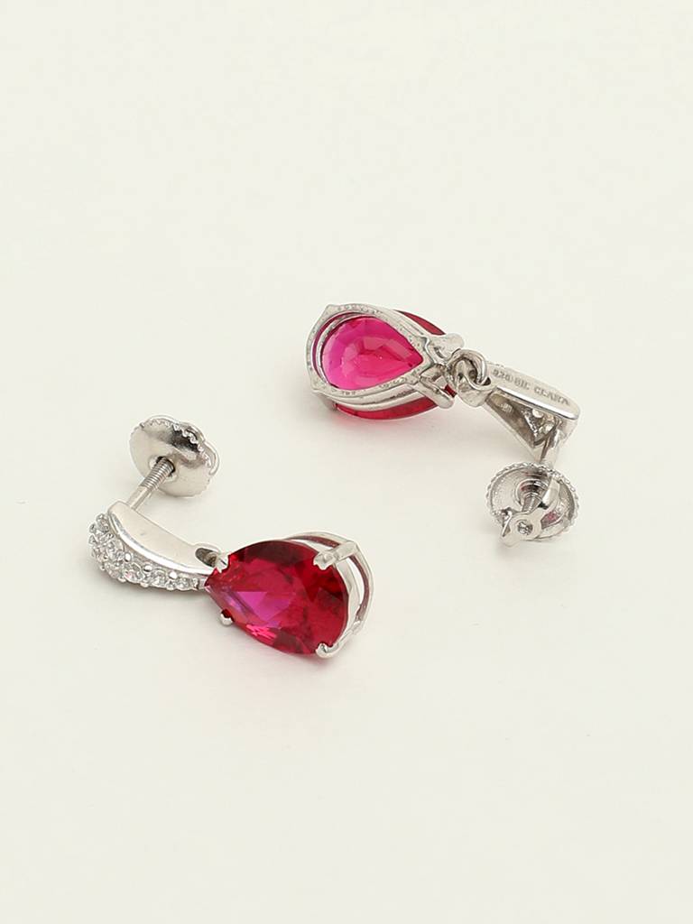 92.5 Sterling Silver Rhodium Plated Swiss Zirconia Blood Red Tear Drop Earrings With Screw Back Gift For Women  : CSCLRE4PR_RU