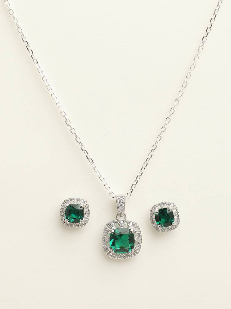 92.5 Sterling Silver Rhodium Plated Swiss Zirconia Dark Green Cushion Pendant Earring Chain Jewellery Set Gif : CSCLRP2E2CU_EM
