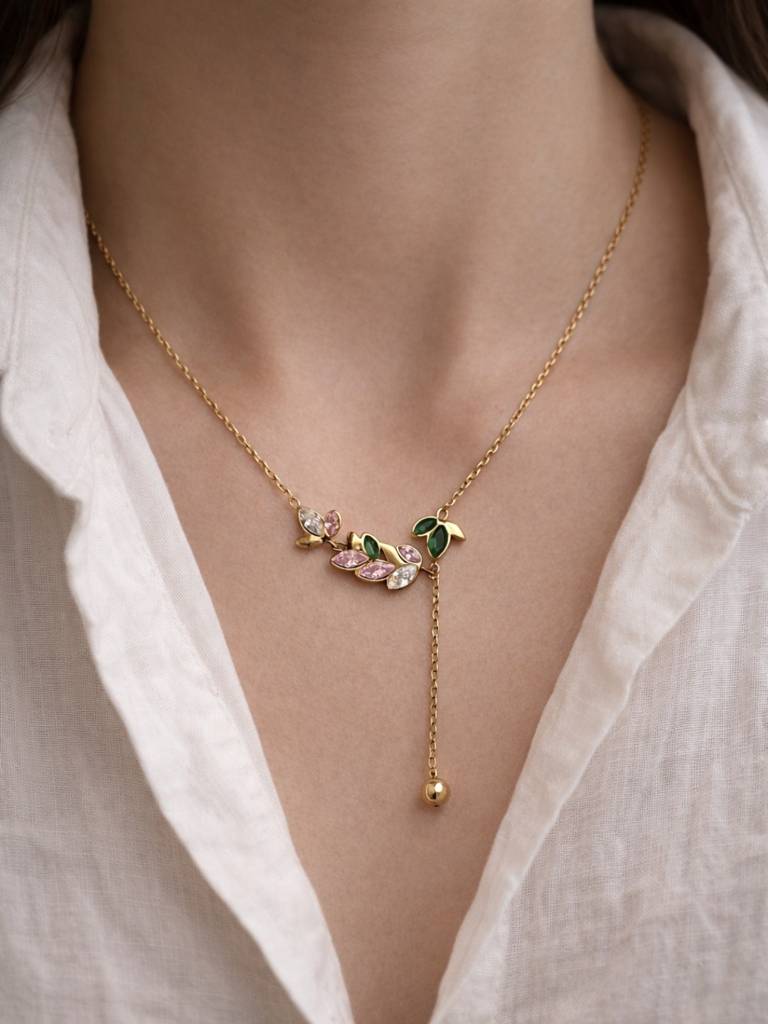 Leaf Multicolor Cz Drop Neckpiece In 18K Gold Plating : S925C736LMN