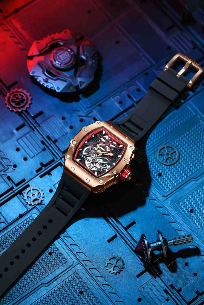 Giordano Analog Skeleton Dial Watch For Men Â Tonneau Case, Silicone Strap, Open-Gear Sport Design, Quartz Mov : GZ-50188-22