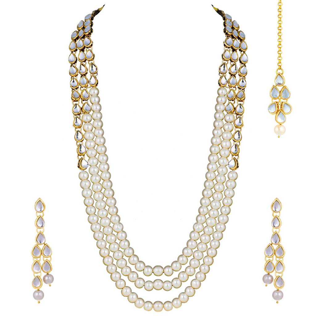 Peora Gold Plated Kundan Pearl Long Necklace Earring Mang Tika Jewellery Set For Women : PF25N093W
