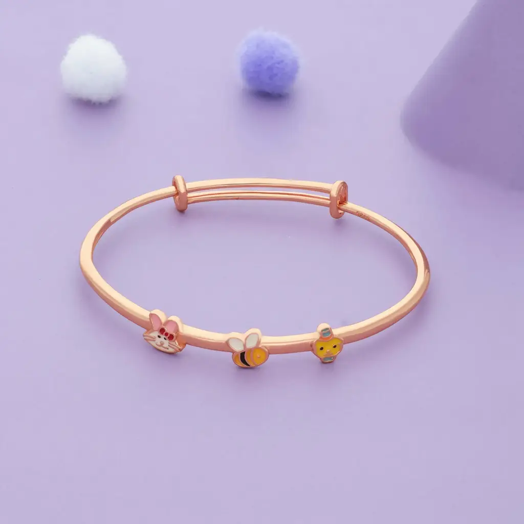 Iyal Honey Meow Duo 18K Rose Gold Polish Silver Kids Bangles (0-5 Yrs) : KB-CC-RG-U-184-P