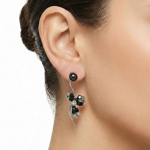 Black Crystal Cluster With  Anti-Tarnish Pearl Stone Earrings For Women : HSPS60MB1370