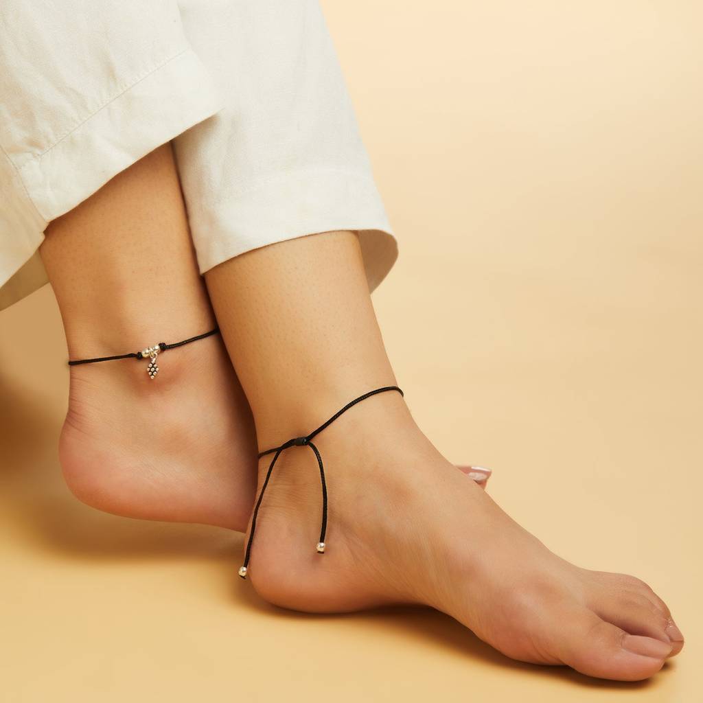 Minimal Rhodium Plated 925 Sterling Silver Thread Anklet : ANK-60115-PAIR