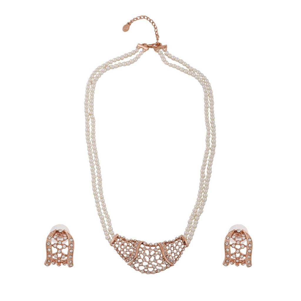 Estele Rose Gold Plated Flower Designer Necklace Set With Crystals For Women