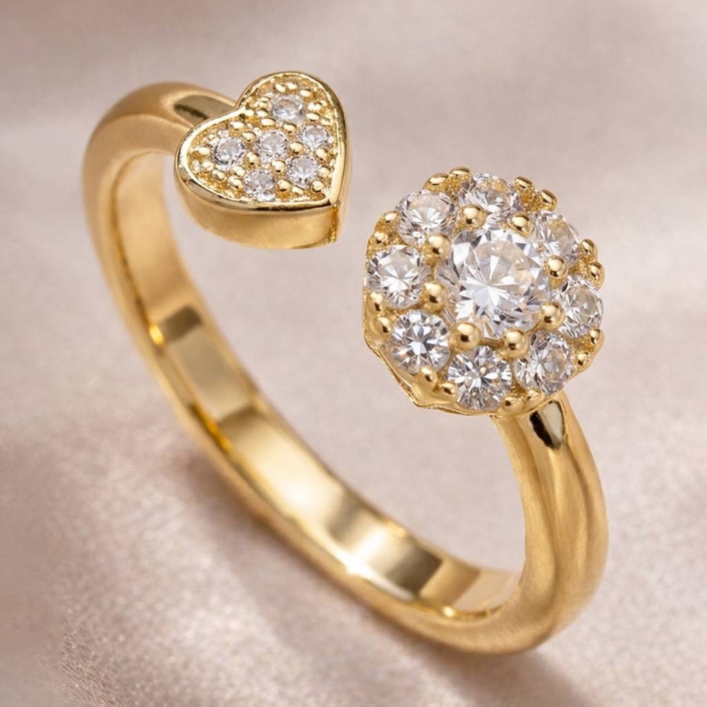 Gold-Plated Golden Heart & Halo Diamond Anti-Tarnish Ring : HSPS60MB1700