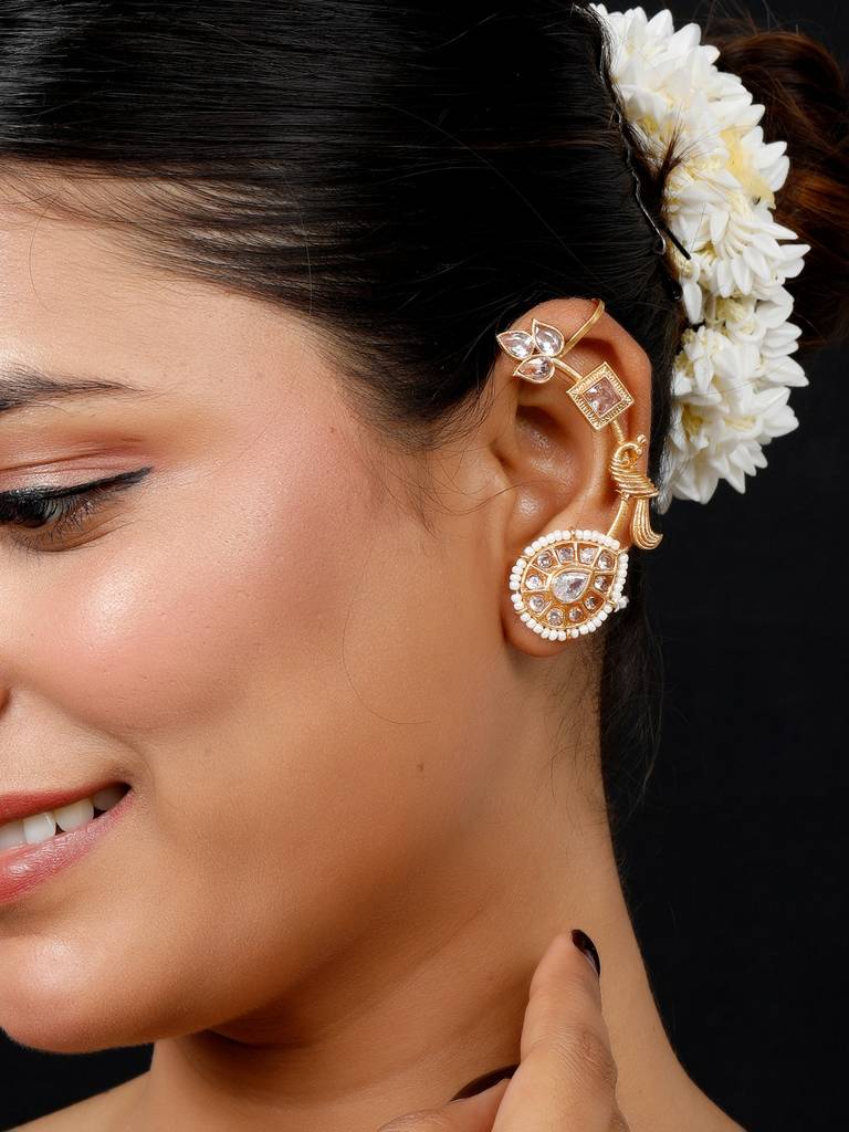 Gold-Plated Kundan Studded Peacock Shaped Ear Cuff Earrings : VI25EROX100059
