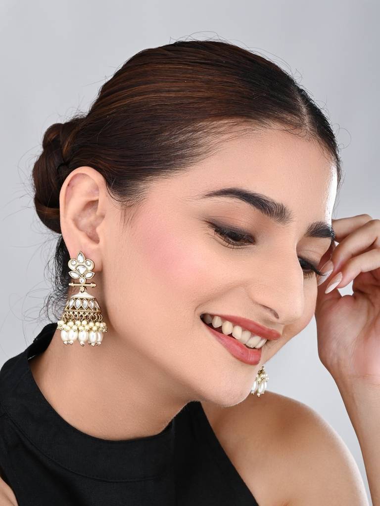 Gold Plated Kundan & Meenakari Jhumka Earrings : S24FAER411WHT
