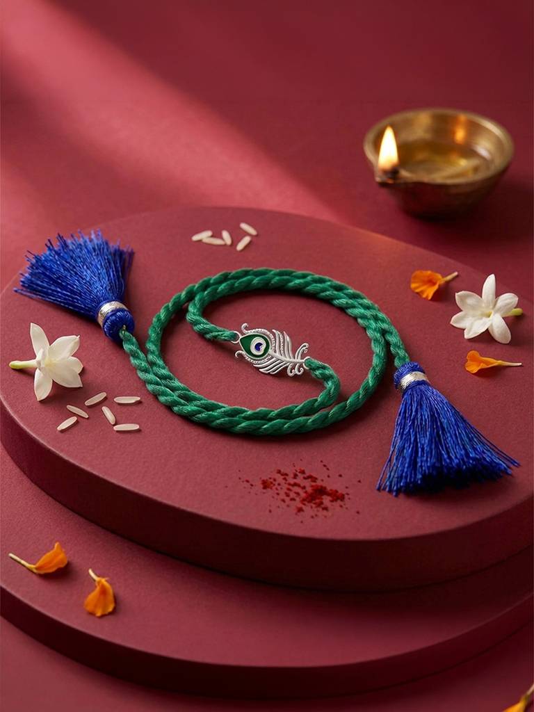925 Sterling Silver Peacock Thread Rakhi For Brother : RKH-10116-O