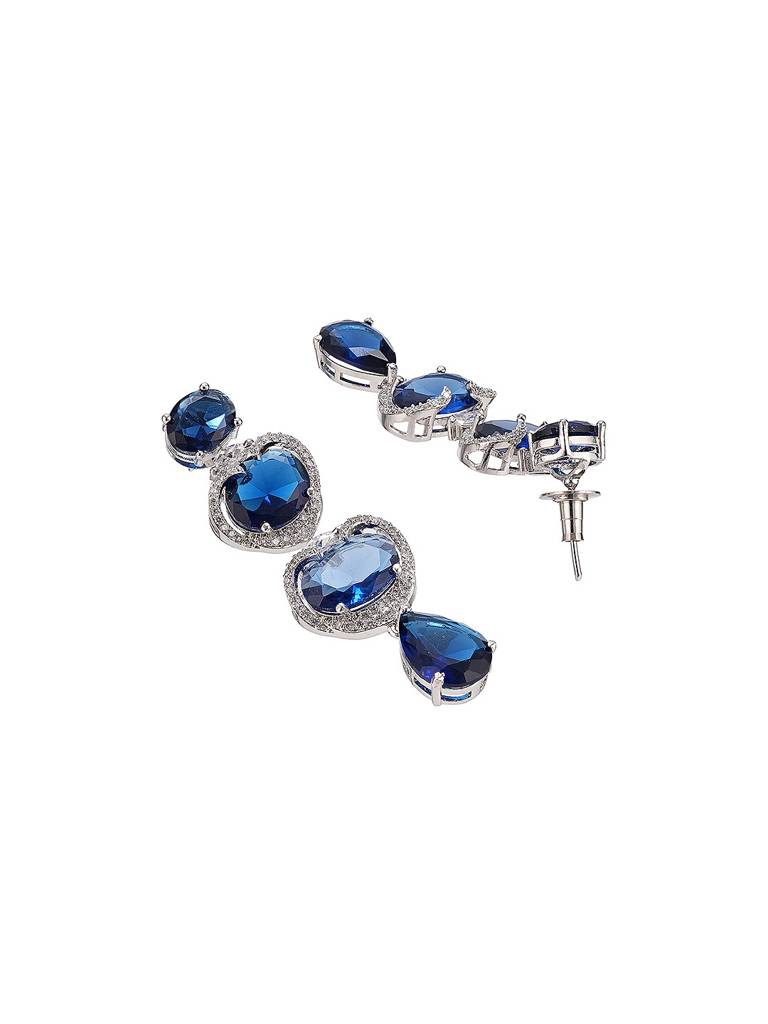 Silver Plated Sapphire Blue Ad Zircon Studded Designer Statement Cocktail Jewellery Set : SJNK2941