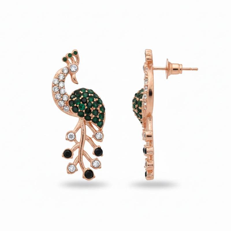 Rose Gold Plated Peacock Design Stud Earrings With Green & White Cz Stones | Partywear : 10306-RGGNWEEER