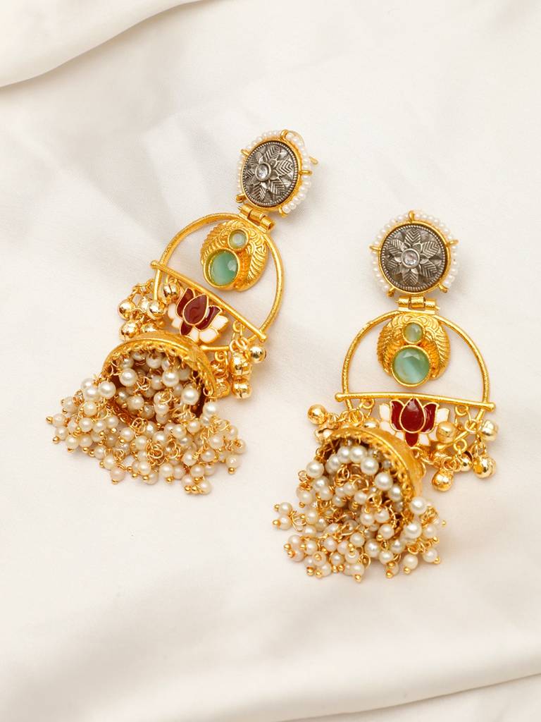Gold-Plated Artificial Stones Studded And Beaded Dome Shaped Jhumkas : VI24EROX100034