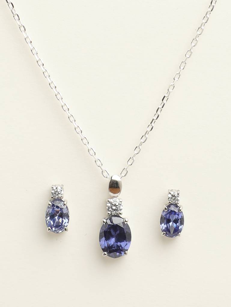 92.5 Sterling Silver Rhodium Plated Swiss Zirconia Royal Blue Oval Pendant Earring Chain Jewellery Set Gift F : CSCLRP5E5OV_BS