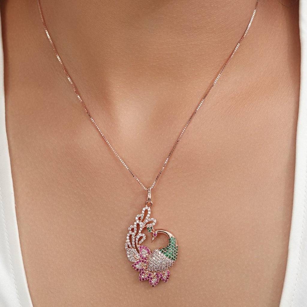 Regal Rose Gold-Plated 925 Sterling Silver Peacock Pendant : PEN-30065-C-RG