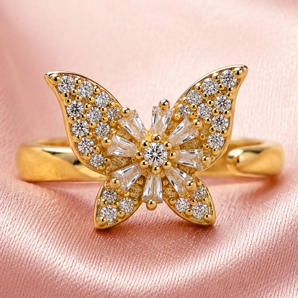 Gold Revolving Butterfly Sparkle Adjustable Anti-Tarnish Copper Ring : JW-HSPS60MB1980