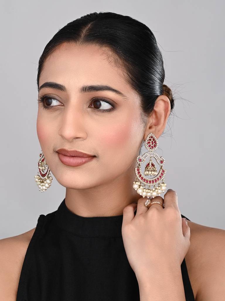 Gold Plated Stone & Beads Chandbali Earring : S24KCER438RED