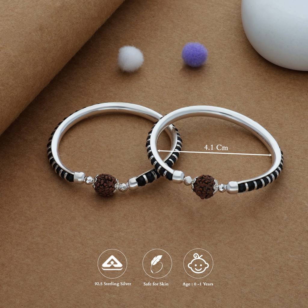 Dual Bead 925 Silver Kid Bangles : KB-CC-RH-U-348-P