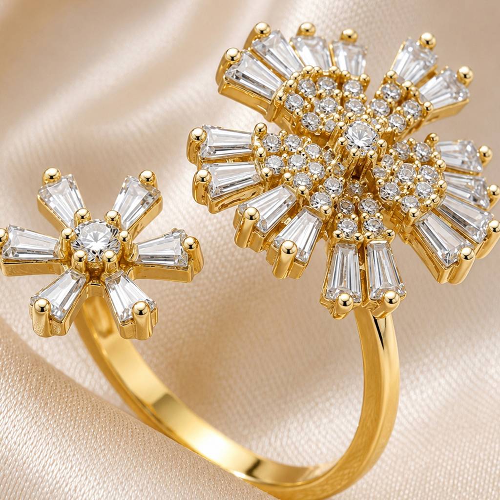 Gold Twin Daisy Revolving Flower Crystal Adjustable Anti-Tarnish Ring For Women : JW-HSPS60MB1986