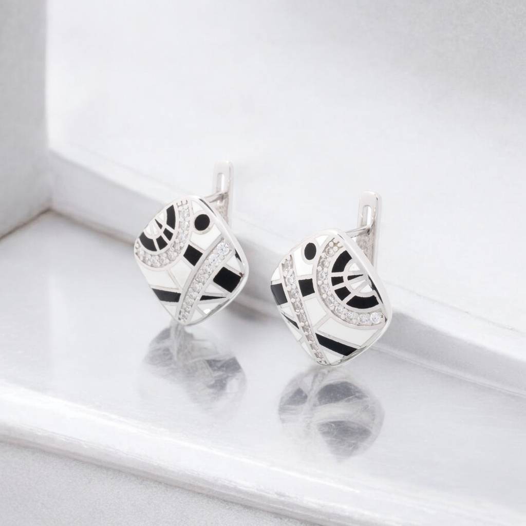 925 Silver Abstract Essence Enamel Earrings - Black And White : HP-ER-TSS-02