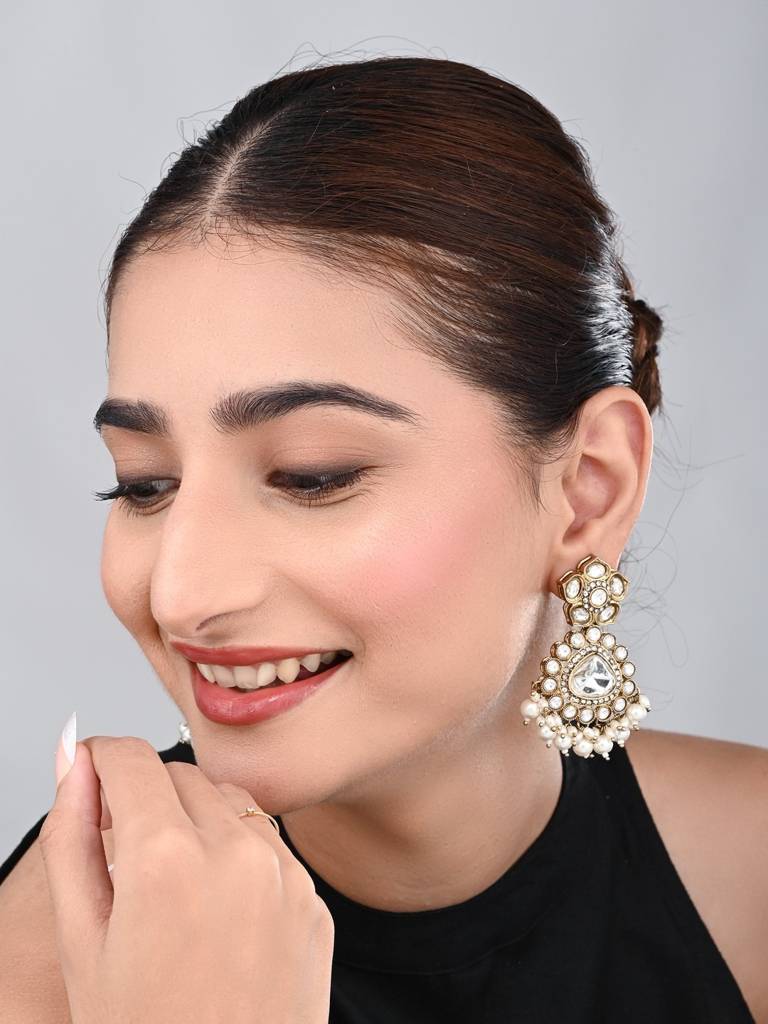 Gold Plated Kundan & Pearl Drop Earrings : S24FAER413GLD