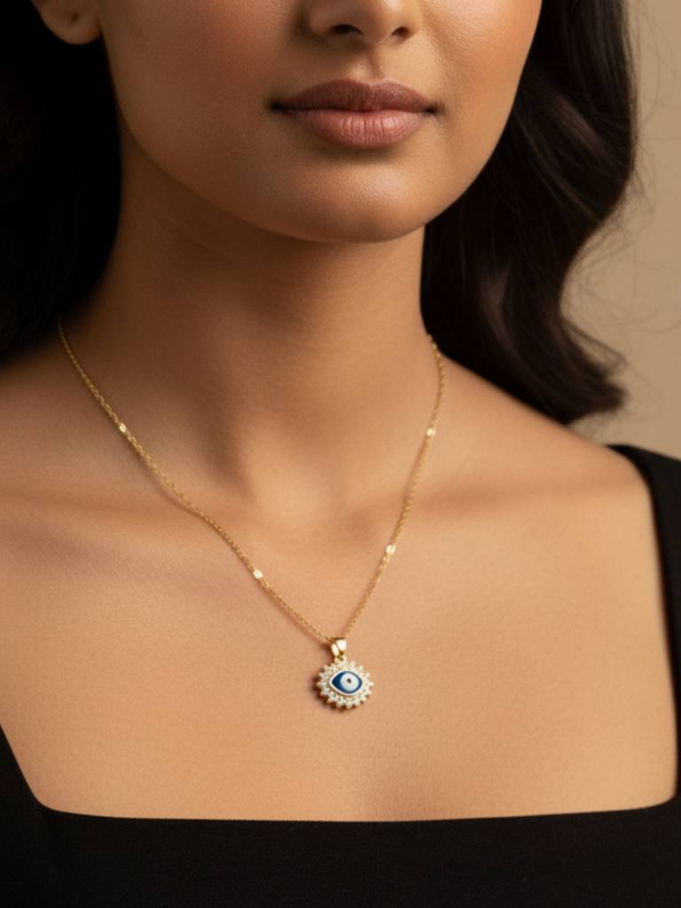 Anti-Tarnish Evil Eye Pendant Necklace In 18K Gold | Cz Protection Chain : ATC640EEPC