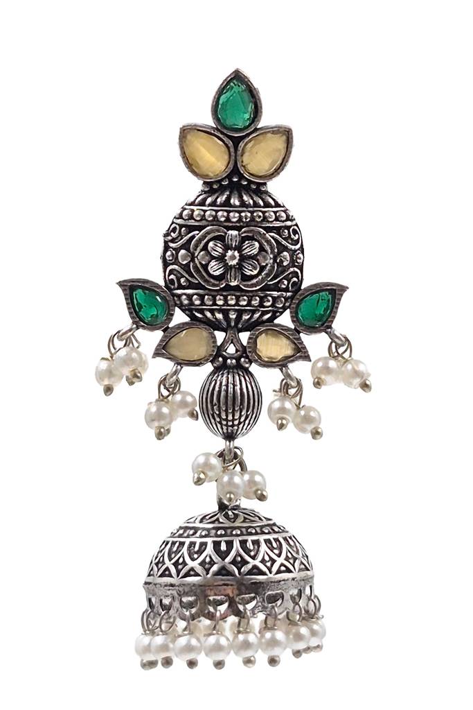 Oxidised Silver Aqua & Ruby Pearl Jhumkas : NA_ST_ER_231_2