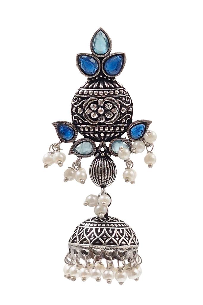 Oxidised Silver Aqua & Ruby Pearl Jhumkas : NA_ST_ER_231_4