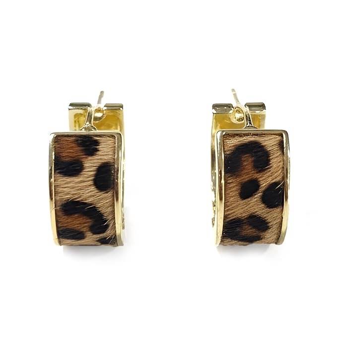 Leopard Print Hair-On Stone Gold Hoop Earrings : HSPS60MB1364