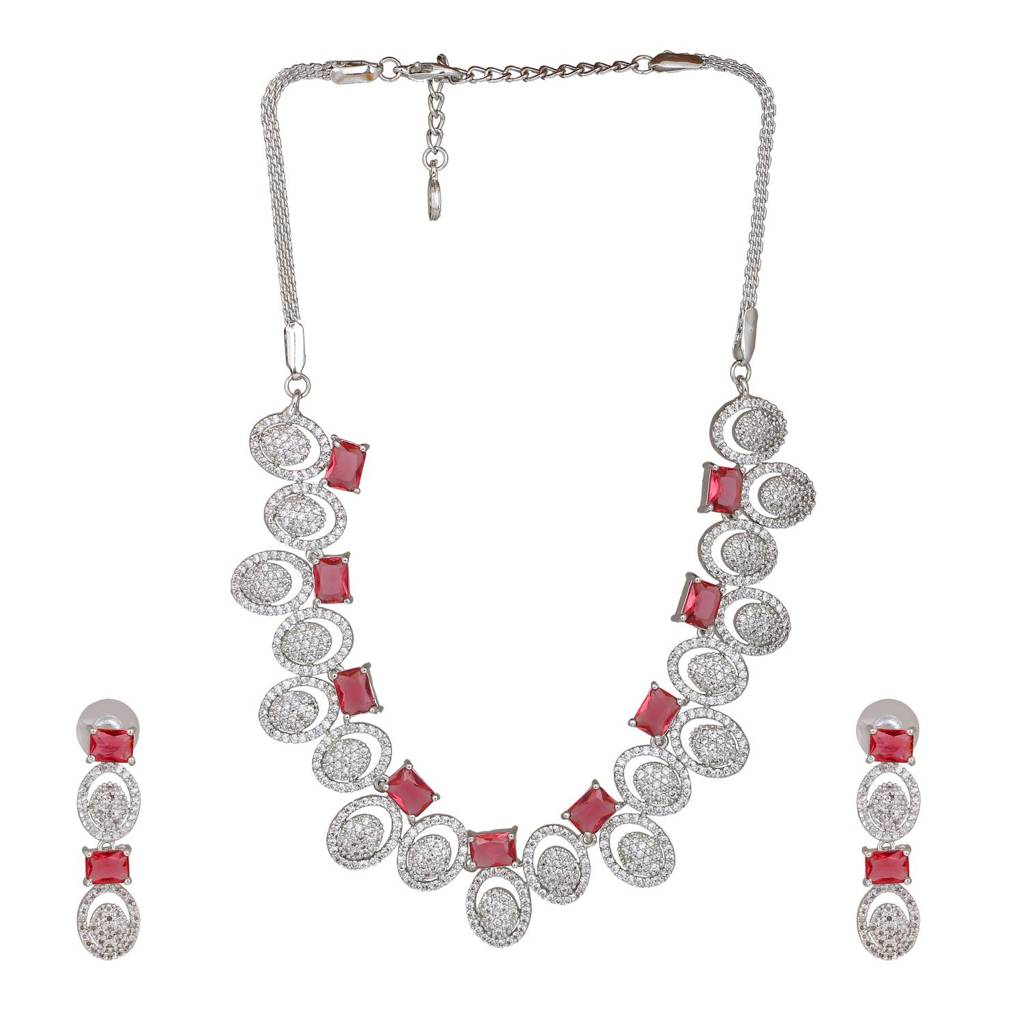 Estele Rhodium Plated Cz Circular Designer Necklace Set With Pink Crystals For Women