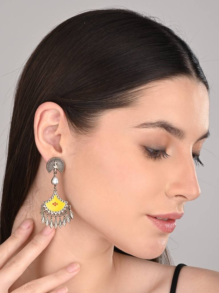 Silver Oxidised Finish Hand Painted Drop Earring : S24DJER314YLW