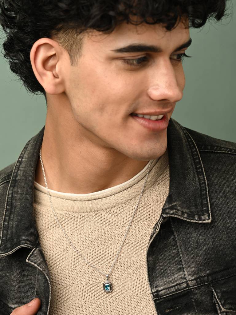 925 Silver Platinum Plated Swiss Zircon Blue Solitaire Men Pendant Without Chain Gift For Men & Boys : CSMNP21_NOCHAIN