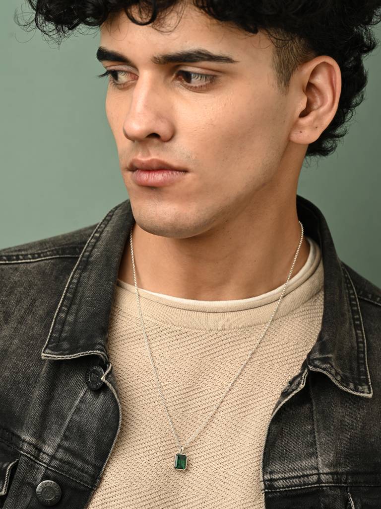 925 Silver Platinum Plated Swiss Zircon Green Solitaire Men Pendant Necklace With Chain Gift For Men & Boys : CSMNP20_NOCHAIN