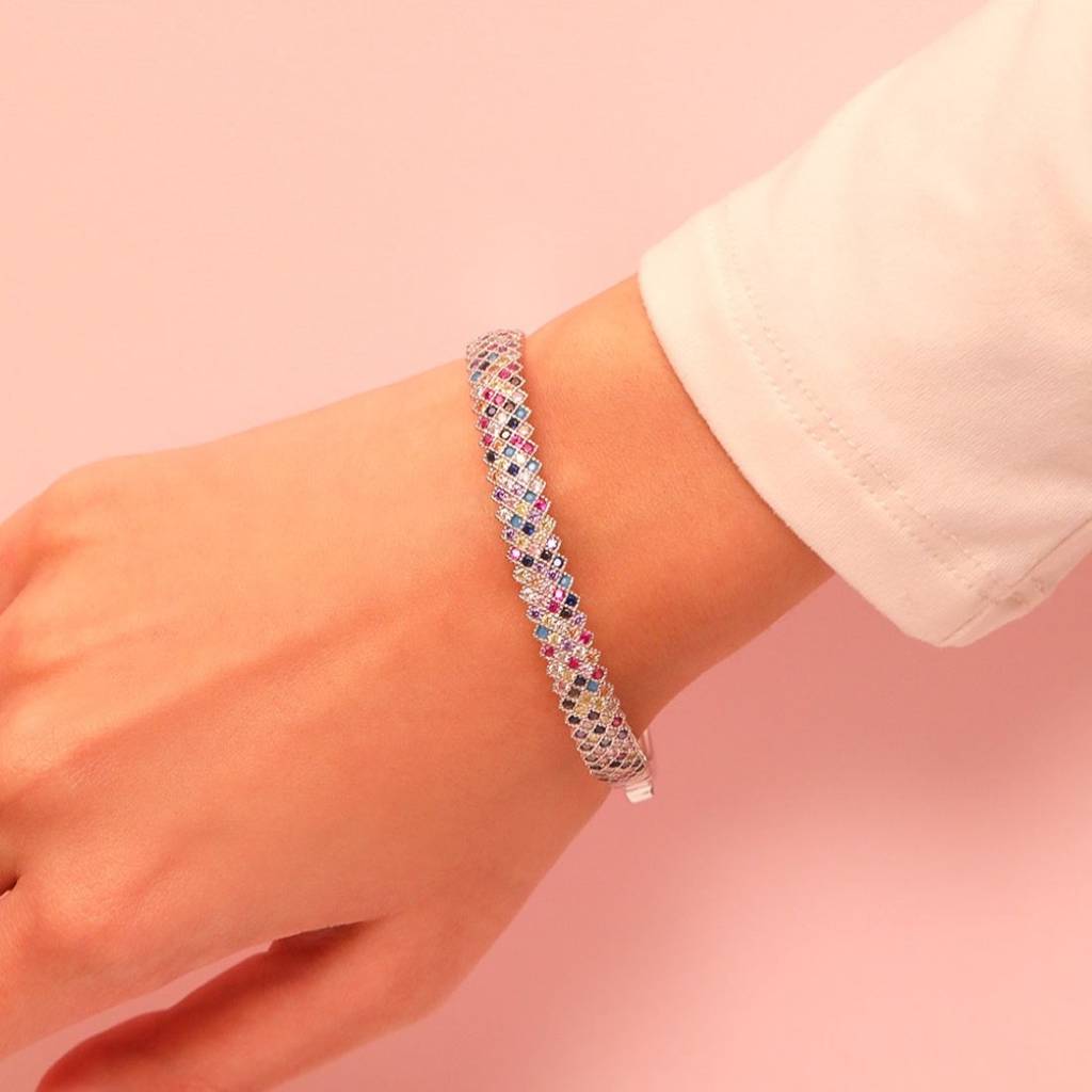 Radiant Elegance Coloured Cz Rhodium-Plated 925 Sterling Silver Kada Bracelet : BR-80334-R