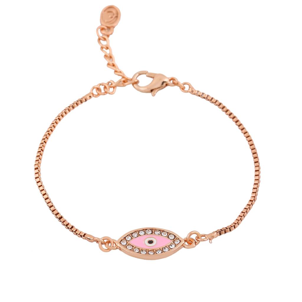 Estele Rose Gold Plated Glossy Pink Evil Eye Charm Bracelet With White Crystals For Girls & Women : 102103-RGBR