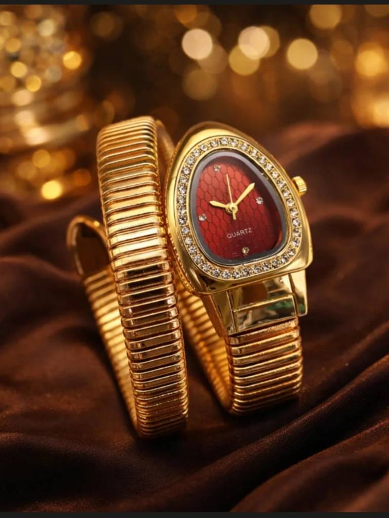Ruby Dial Spiral Serpenti Gold Watch-Style Bracelet With Cz Stones : WA878RDSS