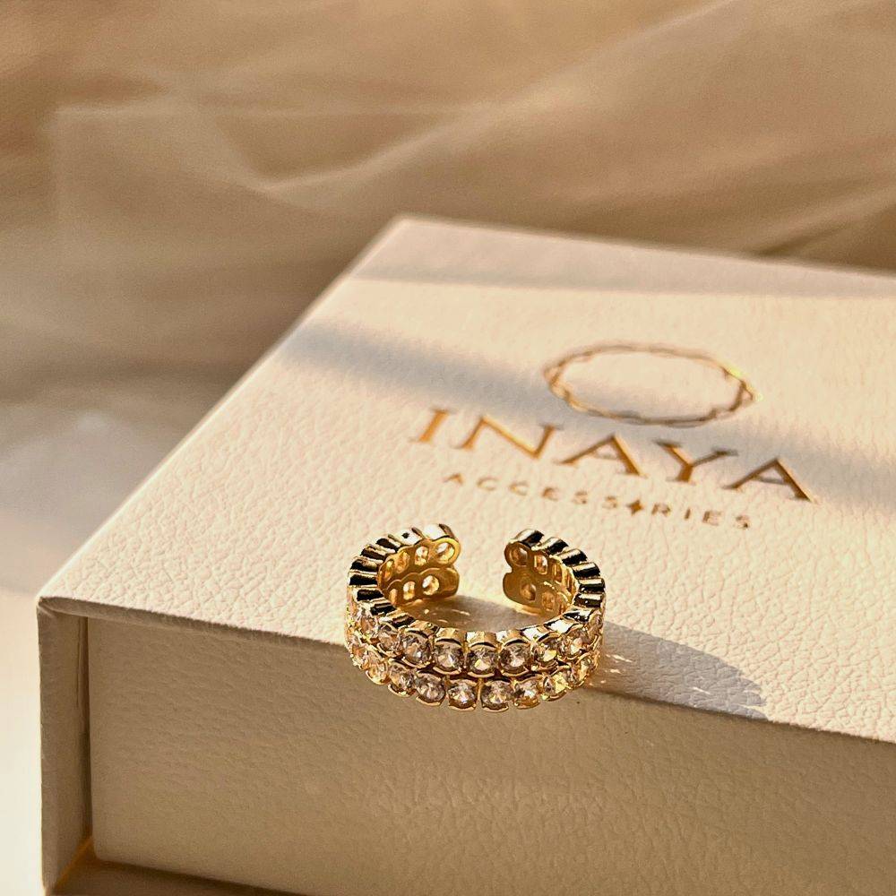 18Kt Gold Plated Stackable Double Round Zircon Open Adjustable Ring, Delilah : INDELILAH