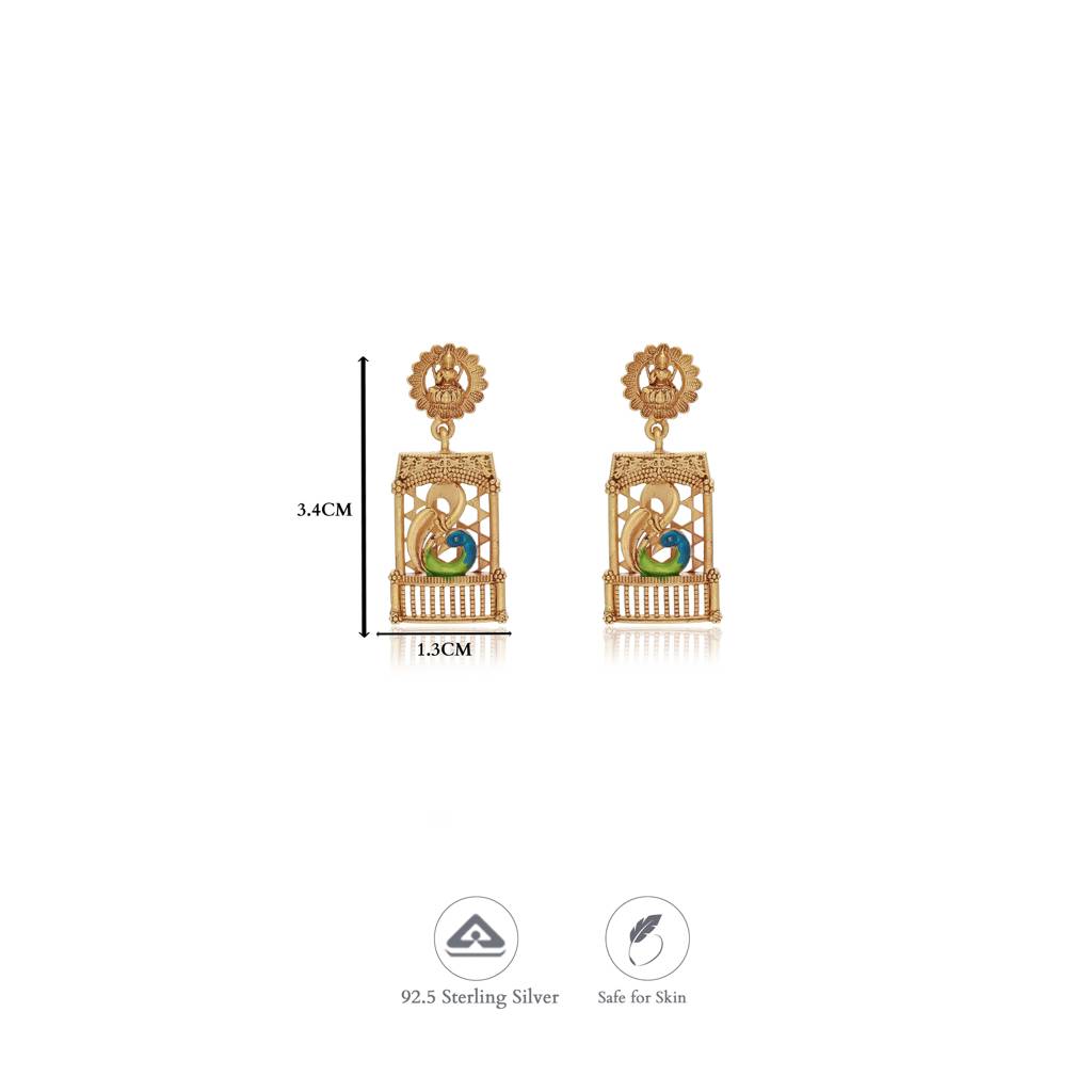 Peacock With Lakshmi Devi Gold Polish 925 Silver Traditional Women Earring : EA-TR-GO-V-121-P