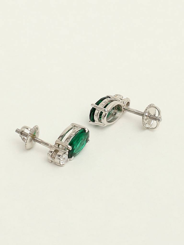 92.5 Sterling Silver Rhodium Plated Swiss Zirconia Dark Green Oval Stud Earrings With Screw Back Gift For Women : CSCLRE5OV_EM
