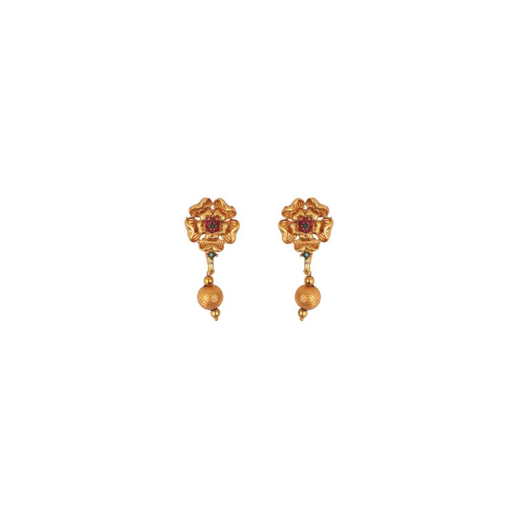 Gold Plated Multilayer Brass Mala Necklace Set With Flower Earrings : MalaRed01