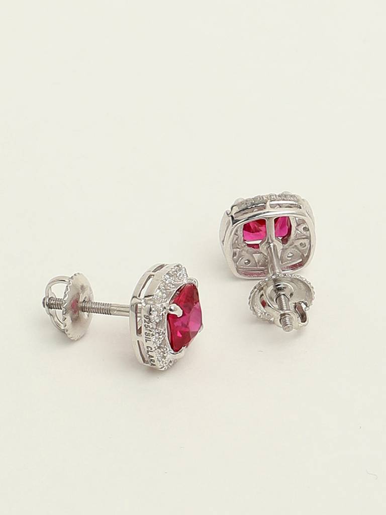 92.5 Sterling Silver Rhodium Plated Swiss Zirconia Blood Red Cushion Stud Earrings With Screw Back Gift For Wom : CSCLRE2CU_RU