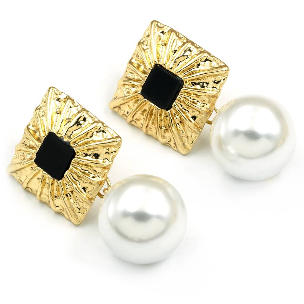 Black Square Pearl Drop Anti Tarnish Earrings For Women : HSPS60MB1064