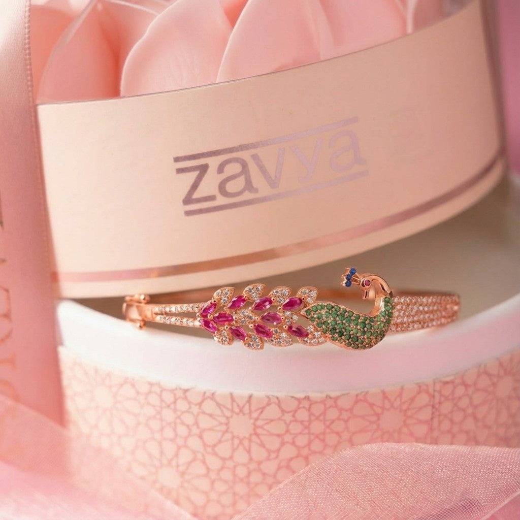 Zavya Eternal Bloom X Peacock Silver Bracelet In Rose Gold : BR-80145-Forever_Love