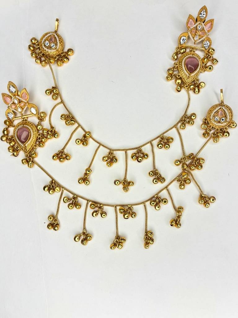 Gold-Plated Premium Kundan Red Stone-Studded Kan Chain Earrings : VI26EROX100370