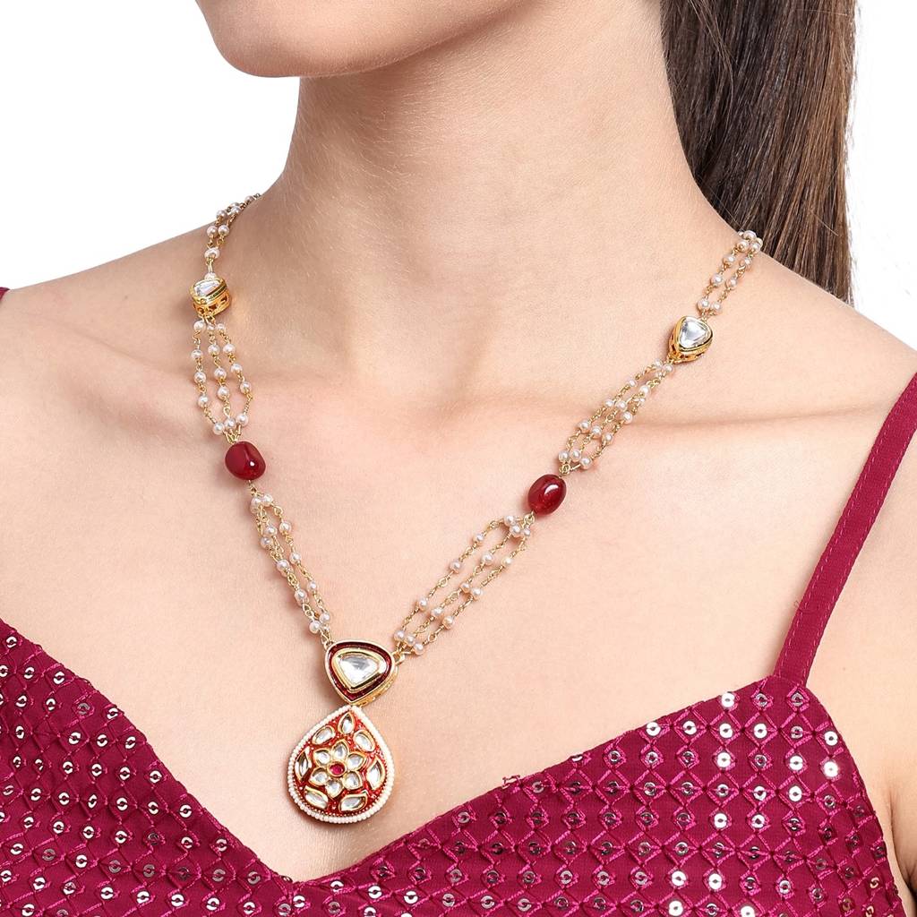 22Kt Gold-Plated Jadau Kundan Pearl Chain Necklace Set : PE25001